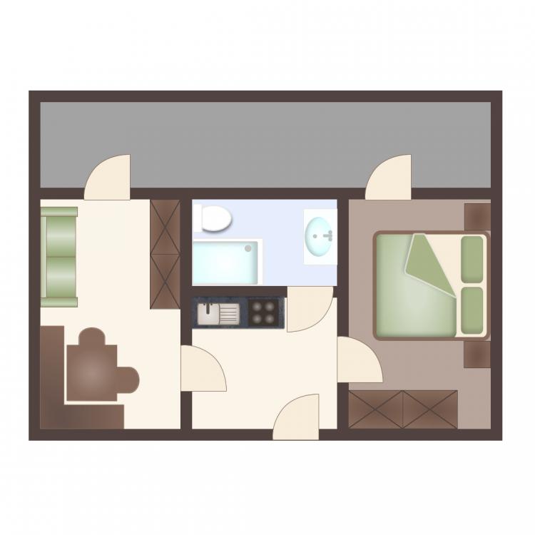Piantina appartamento per 2-3 persone (le piantine sono indicative; dotazione e dimensioni possono differire)